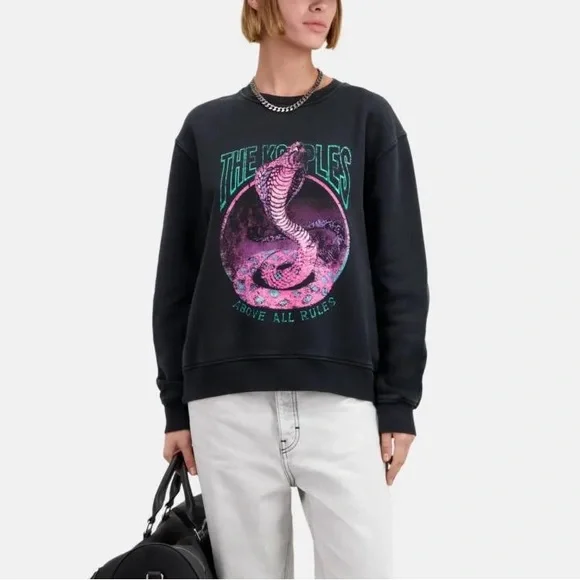 The Kooples graphic cobra print cotton sweatshirt washed black size 3 (L) NWT